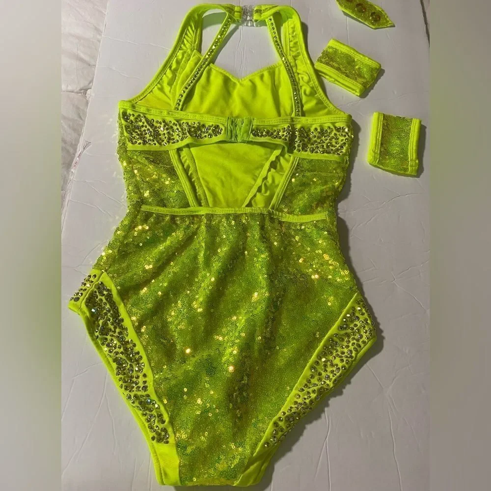 Rare Glamour Competition Solo Costume Neon Lime green Crystal Jazz Open SA adult